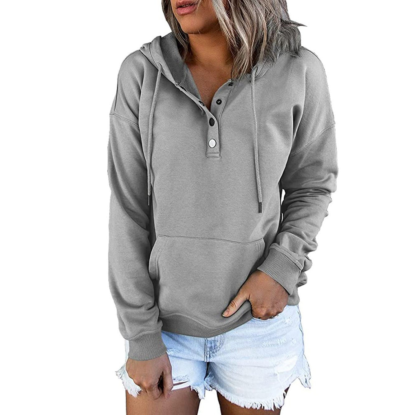 Long - sleeved Hooded Sweatshirt With Pocket, Buttons, and Drawstring Design Hoodie - silverfoxgoods